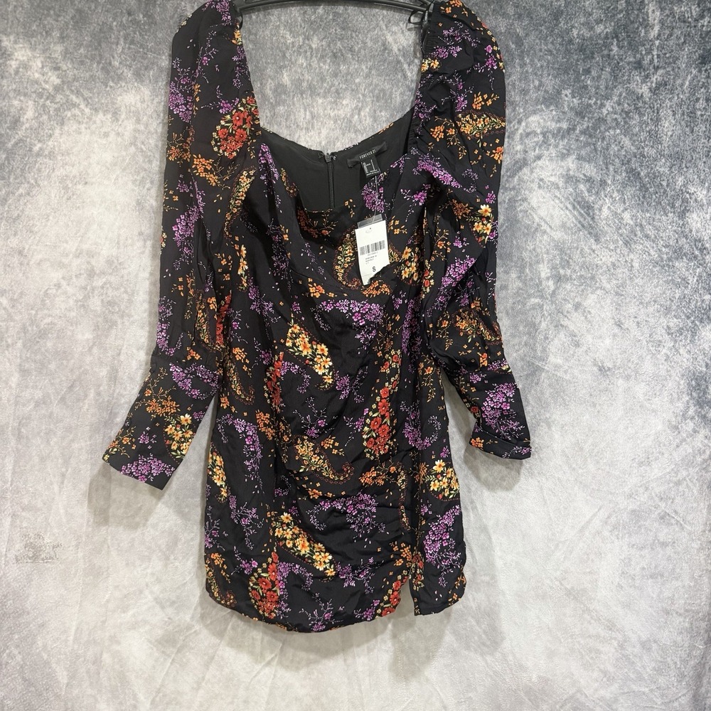 forever‎ 21 Rayon Floral Print Mini Dress Ruched Bodice Long Sleeve S
